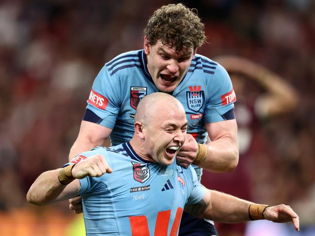 Dylan Edwards celebrates after scoring the match winning try. Picture: Getty Images