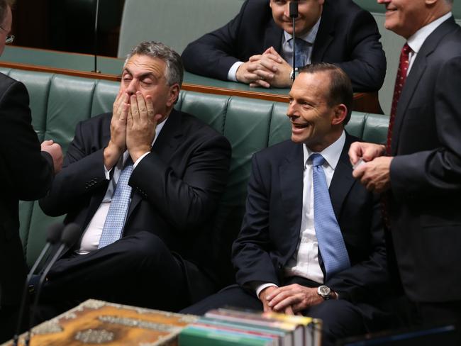 Budget fallout ... Prime Minister Tony Abbott with Treasurer Joe Hockey who were waiting Opposition Leader Bill Shorten's Budget Reply Speech in Parliament House in Canberra. Picture: Gary Ramage