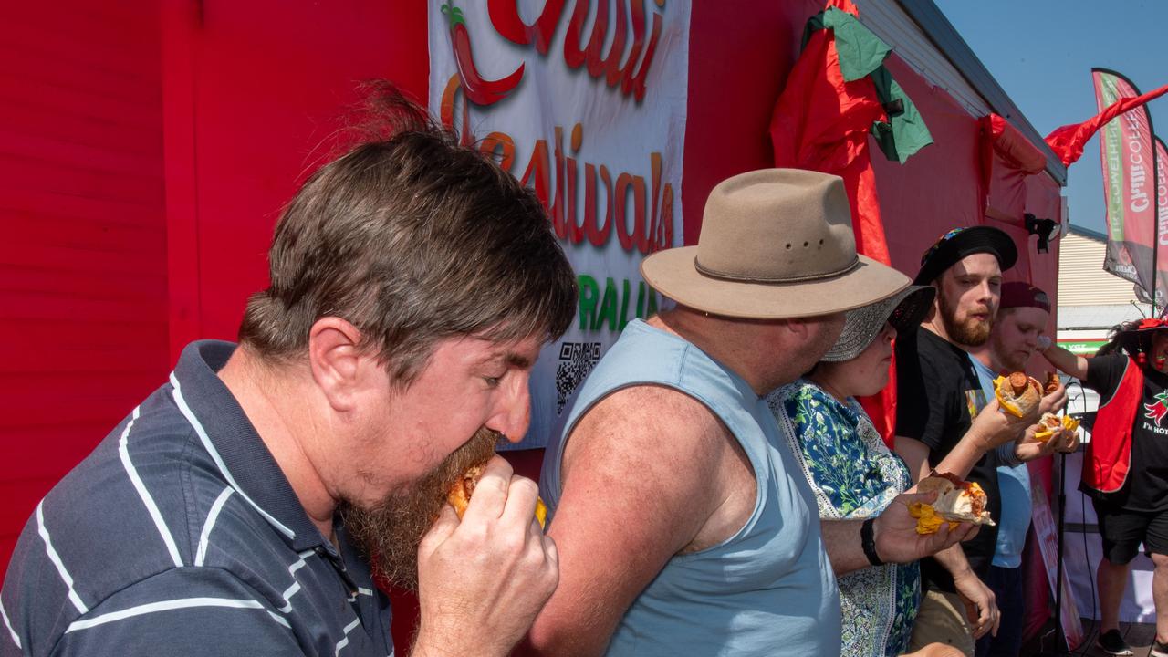 Daniel Rose in the Chilli Dog Championship at the Murphys Creek Chilli and Craft carnival. Sunday, September 22, 2024. Picture: Nev Madsen