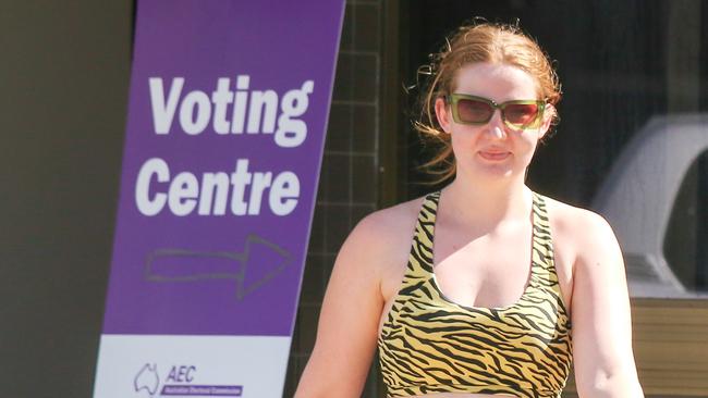 Bianca Diamond completing early voting in the Darwin CBD as Polls open. Picture: Glenn Campbell