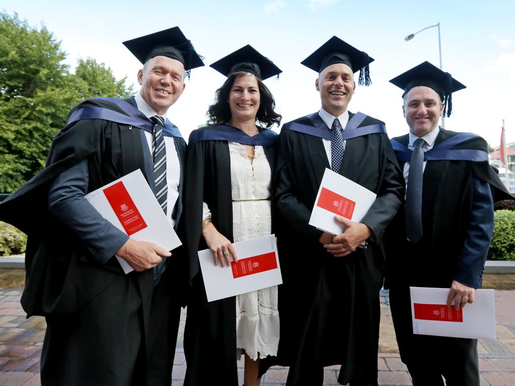 Bachelor of Arts graduates, from left, Mark Smith, Belinda Vincent, Jason Templar and Brett Caham. Picture: PATRICK GEE