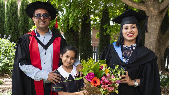 Bachelor of Medical Laboratory Science graduate and Valedictorian Pinkey Timilsina with Prajwal Gyawali of UniSQ's School of Health and Medicine and their daughter Anaya Gyawali at a UniSQ graduation ceremony at The Empire, Tuesday, October 29, 2024. Picture: Kevin Farmer