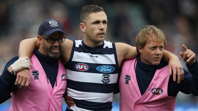 Joel Selwood was knocked out in the opening minute against Fremantle. Picture: Getty Images