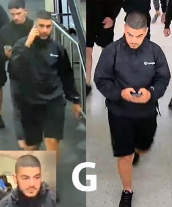 The seventh man (Person G) is described as being of Mediterranean/Middle Eastern appearance and of short, large build. He is depicted wearing a black jumper with white text on the front, black pants and all black shoes. Picture: NSW Police