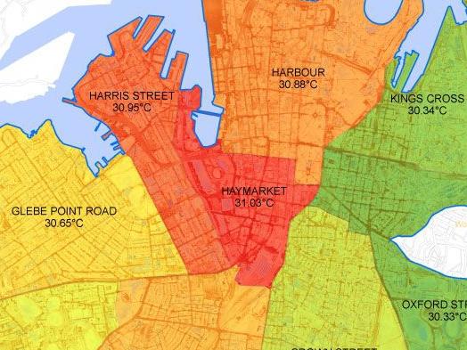 An 'urban heat island effect' thermal map of Sydney.