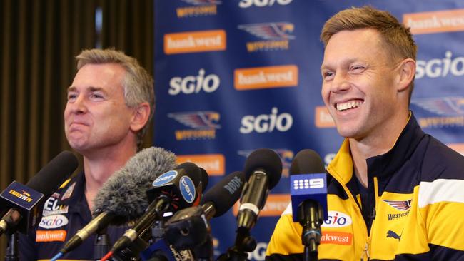 Hawthorn coach Sam Mitchell (right) was lured west by Adam Simpson (left) to finish his playing career and begin life as an assistant coach at the Eagles. Picture: Megan Powell