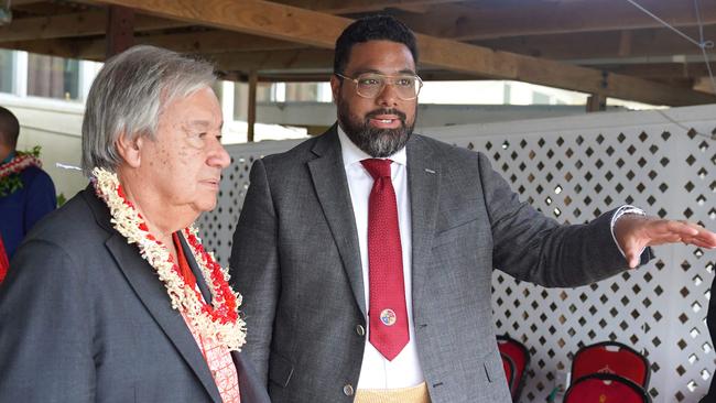 Lord Fatafehi Fakafanua, right, the speaker of Tonga's parliament, briefs Mr Guterres during a youth dialogue in Nuku'alofa, Tonga. Picture: AFP