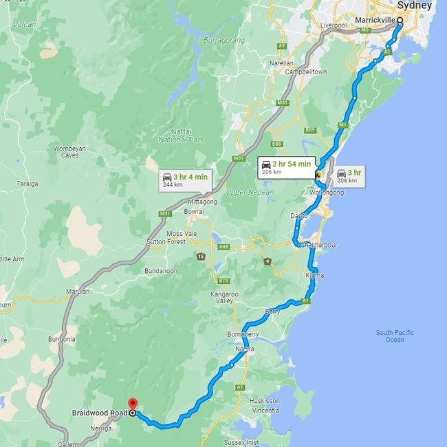 The distance between the alleged carjacking in Marrickville and where the car was found ablaze on the south coast.