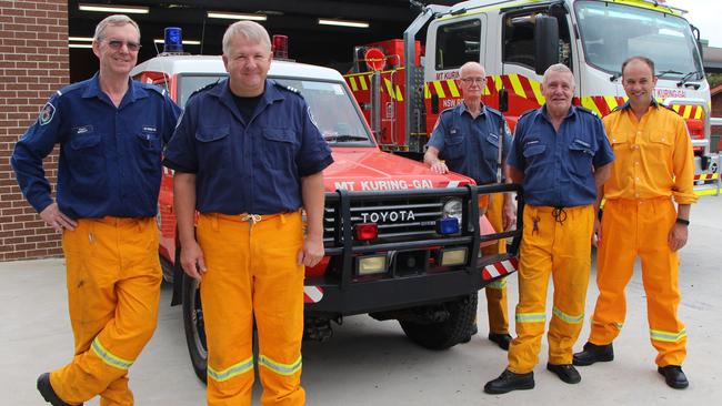 Matt Kean with Mt Kuring-gai RFS deputy captain Tony Bright, captain Scott Jones, Peter Young (slightly at rear), senior deputy captain David Halsey and Hornsby MP Matt Kean.