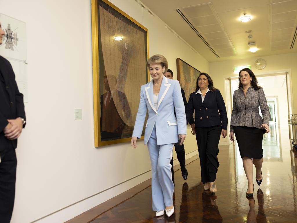 Jacinta Price (centre) arriving at the party room. Picture: NewsWire / David Beach