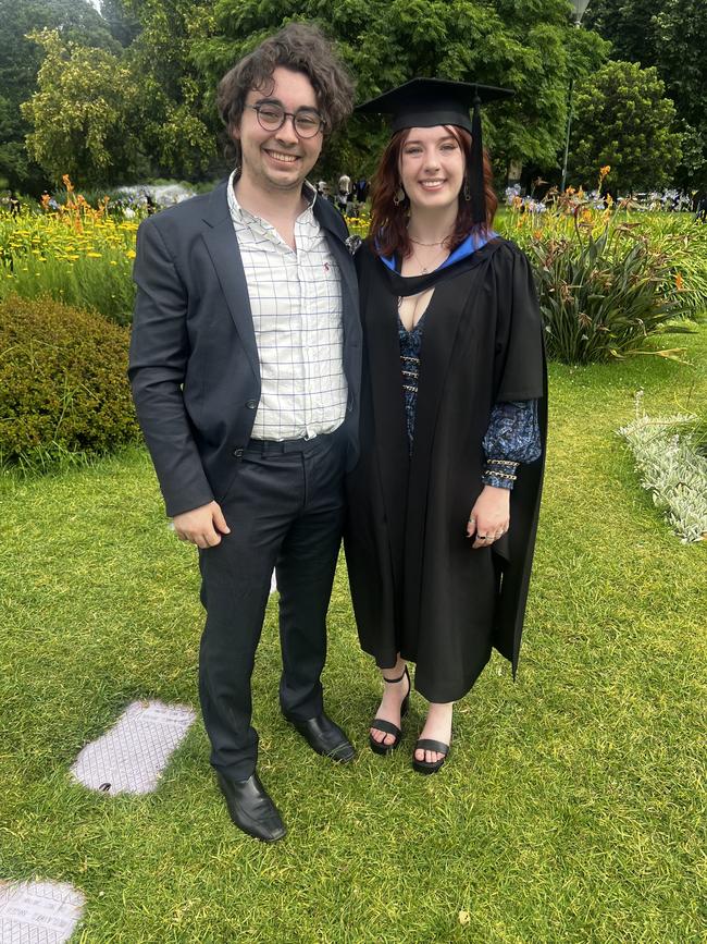 Will Etherington and Laura Ehrensperger (Master of International Relations/International Security) at the University of Melbourne graduations held at the Royal Exhibition Building on Monday, December 16, 2024. Picture: Jack Colantuono