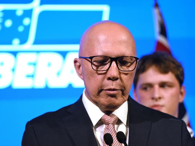 Peter Dutton concedes defeat during a Liberal Party election night event. Picture: Dan Peled/Getty Images