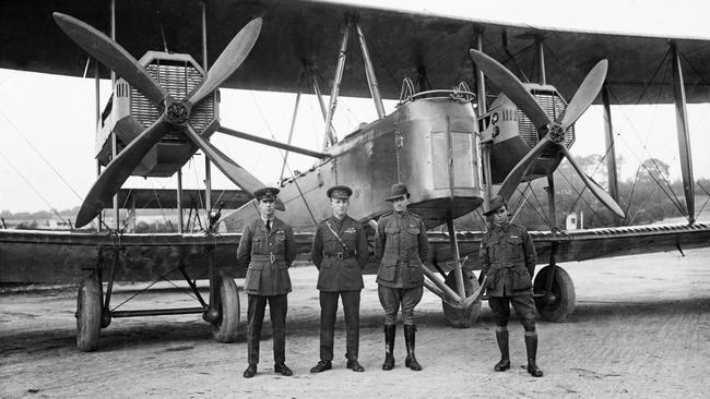 The Vickers Vimy crew: Keith Smith, left, Ross Smith, James Bennett and Walter Shiers at the start, in England, in 1919. Picture: State Library of SA