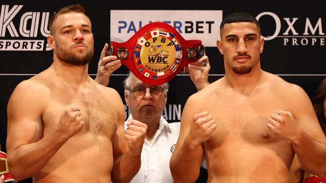 Joseph Goodall and Justis Huni are ready to rumble for the heavyweight title. Picture: Chris Hyde/Getty Images