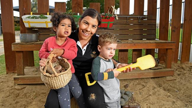 Team leader/educator Jess Neves with Agnes, 2, and Mihail, 2 at Nazareth Early Childhood Centre which has received an Excellent rating by the Australian Children’s Education and Care Quality Authority. Picture: Tom Huntley