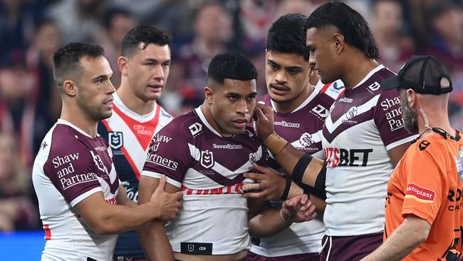 Tolu Koula was forced from the field with a category 1 concussion after his first hit-up. Picture: NRL Photos