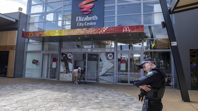 Police outside the entrance to the food court at the scene of a stabbing of a knife fight. Picture: NewsWire/Mark Brake