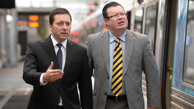 Opposition Leader Matthew Guy and Liberal MP Bernie Finn in happier times. Picture: Kylie Else