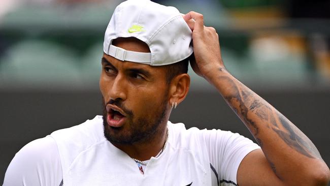 Nick Kyrgios during his Wimbledon quarterfinals battle with Chile’s Cristian Garin. Picture: AFP