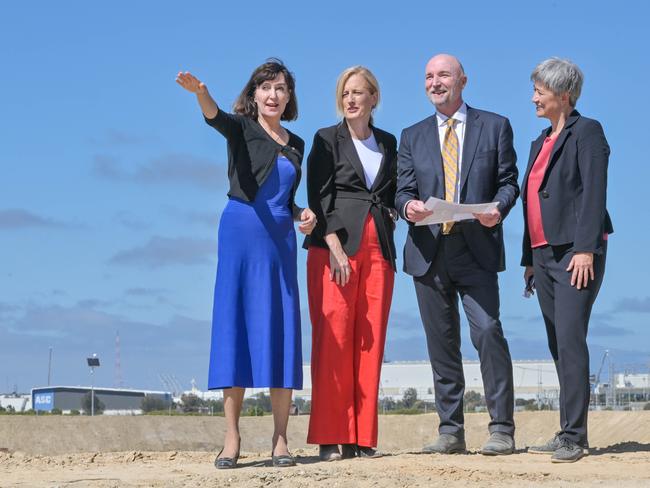 ADELAIDE, AUSTRALIA - NewsWire Photos MARCH 16, 2023: Acting Premier of South Australia, the Hon Susan Close MP, Minister for Finance, Senator the Hon Katy Gallagher, Australian Naval Infrastructure CEO Andrew Seaton and Minister for Foreign Affairs, Senator the Hon Penny Wong at Snapper Point on the Port River. This will be the site of the new shipyard to build the AUSKUS submarines north of the ASC site. Picture: NCA NewsWire / Brenton Edwards