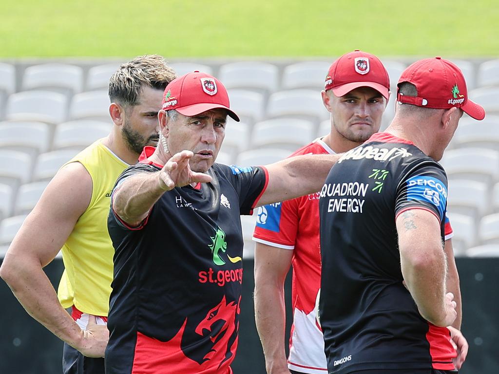 Pictured at Netstrata Jubilee Stadium in Kogarah is St George NRL head coach Shane Flanagan with players Jack Bird and Kyle Flanagan. Picture: Richard Dobson