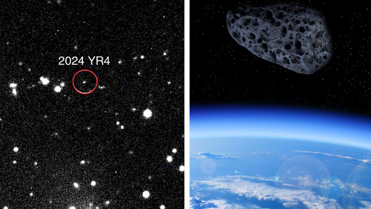 The newly identified 2024 YR24 asteroid was discovered just after Christmas last year but it has attracted plenty of attention from planetary scientists since. Picture: (left side of composite only): Handout/NASA/Magdalena Ridge 2.4m telescope/New Mexico Institute of Technology/Ryan/ AFP plus CGI composite (right side only)