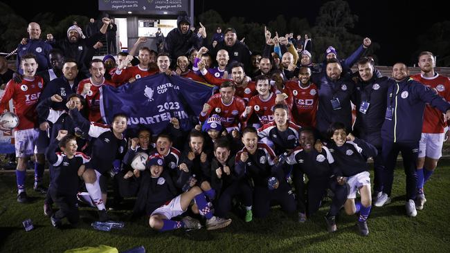 Melbourne Knights celebrate their Australia Cup Round of 16 win. Picture: Daniel Pockett