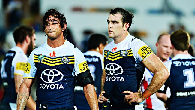 North Queensland Cowboys v Newcastle Knights from 1300 Smiles Stadium, Townsville. Cowboys Jonathan Thurston nd Kane Linnett after a 2 point loss to the Knights. Picture: Zak Simmonds