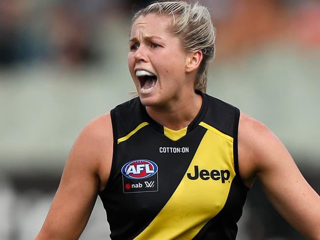 MELBOURNE, AUSTRALIA - FEBRUARY 23: Katie Brennan of the Tigers calls for the ball during the 2020 AFLW Round 3 match between the Richmond Tigers and the North Melbourne Kangaroos at Ikon Park on February 23, 2020 in Melbourne, Australia. (Photo by Michael Willson/AFL Photos via Getty Images)