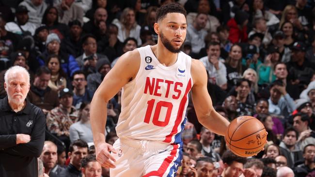 BROOKLYN, NY - JANUARY 2: Ben Simmons #10 of the Brooklyn Nets moves the ball during the game against the San Antonio Spurs on January 2, 2023 at Barclays Center in Brooklyn, New York. NOTE TO USER: User expressly acknowledges and agrees that, by downloading and or using this Photograph, user is consenting to the terms and conditions of the Getty Images License Agreement. Mandatory Copyright Notice: Copyright 2023 NBAE (Photo by Nathaniel S. Butler/NBAE via Getty Images)