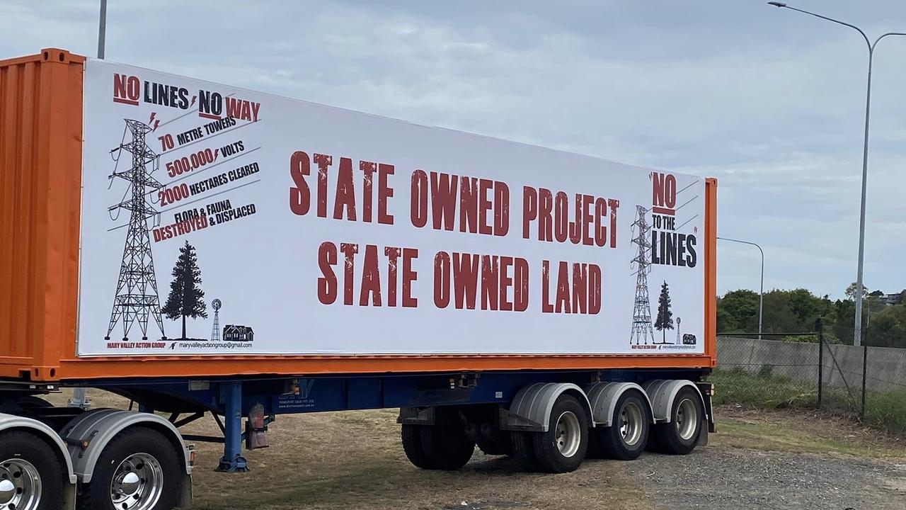 The need for high voltage transmission lines to connect renewables to the grid was dividing regional Qld (a protest campaign at the Mary Valley near Gympie, outside Mr Boyce’s electorate, pictured), Mr Boyce said. Picture: Facebook