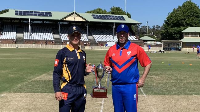 Central Coast captain Broc Hardy and Newcastle skipper Nick Foster with the trophy ahead of the final. Photo: Central Coast Cricket Association.