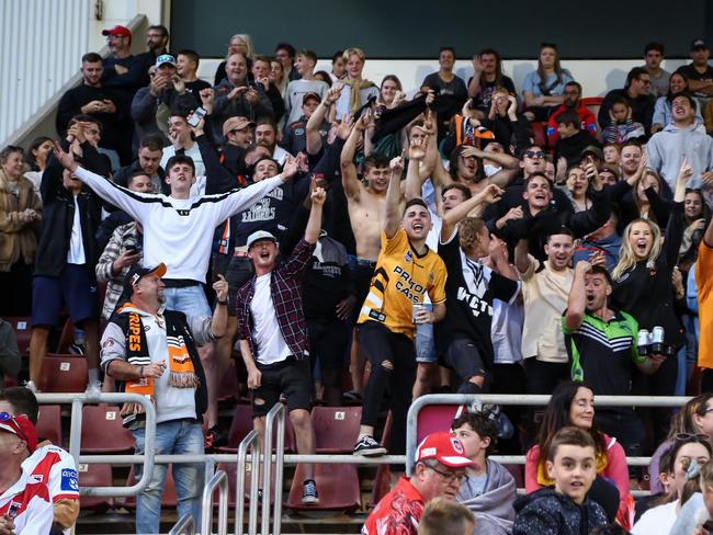 The Zac Cini support club celebrate his first try in the NRL. Picture: David Hossack � NRL Photos