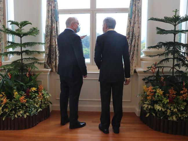 Australian Prime Minister Scott Morrison arrives in Singapore for a one-on-one meeting with Singapore Prime Minister Lee Hsien Loong on the way to the G7 in Cornwall, United Kingdom. Picture: Adam Taylor / PMO