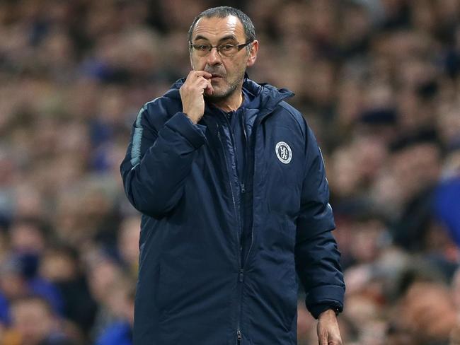 Chelsea's Italian head coach Maurizio Sarri gestures on the touchline during the UEFA Europa League round of 32, 2nd leg football match between Chelsea and Malmo at Stamford Bridge in London on February 21, 2019. (Photo by Daniel LEAL-OLIVAS / AFP)