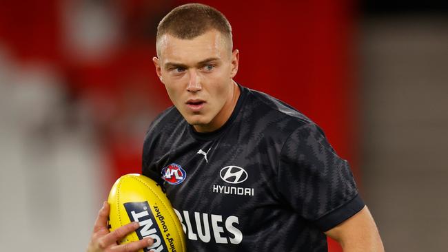 MELBOURNE, AUSTRALIA - MARCH 03: Patrick Cripps of the Blues warms up during the 2022 AFL Community Series match between the Carlton Blues and the Melbourne Demons at Marvel Stadium on March 3, 2022 In Melbourne, Australia. (Photo by Michael Willson/AFL Photos via Getty Images)