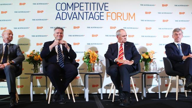 Commonwealth Bank CEO Ian Narev, Minister for Finance Mathias Cormann, National Australia Bank chairman Ken Henry and Westpac chairman Lindsay Maxsted. Picture: Hollie Adams