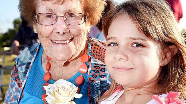 Cecilia Hynes celebrating her 100th birthday on the 10th of October. Pictured with great granddaughter Rose Thomas who shares the same birth date and was born on the tenth of the tenth of the tenth, at a tree planting ceremony at the Elizabeth Park Rose Garden in Maryborough. Picture: Alistair Brightman