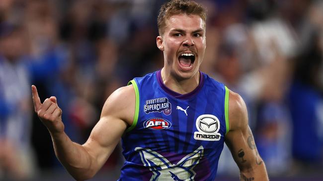 MELBOURNE. 07/04/2023. AFL. Round 4. North Melbourne vs. Carlton at Marvel Stadium. Cameron Zurhaar of the Kangaroos celebrates a 3rd quarter goal. Pic: Michael Klein