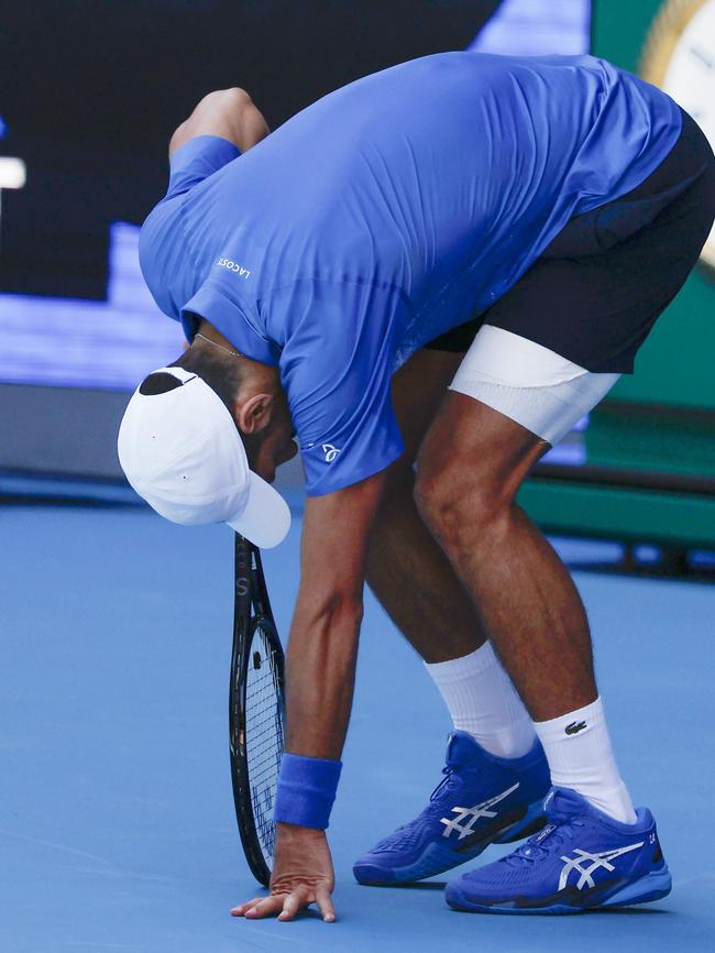 A muscle tear injury ended Novak Djokovic’s semifinal. Picture: Michael Klein