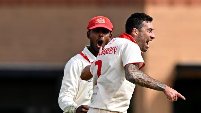 Nathan Lambden celebrates the wicket of Blue Michael Archer. Picture: Andy Brownbil