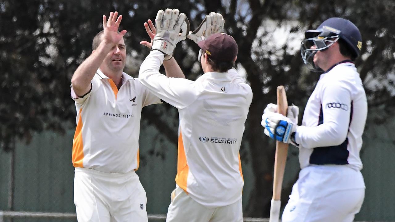 Jason Mallett for Drysdale claims the wicket of Portarlington's Andrew Wedge during the BCPA A1 match between Portarlington and Drysdale. Picture: Stephen Harman