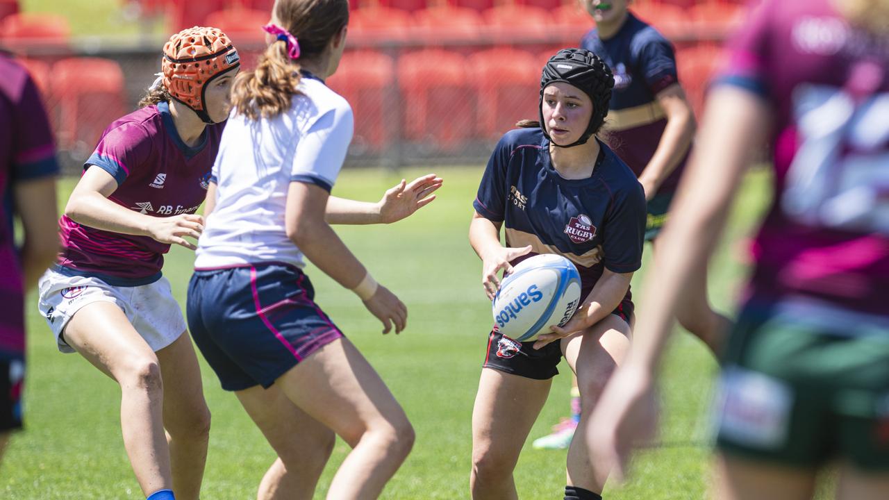 TAS player Bella Edwards in a club game as Downs Rugby host Next Gen 7s at Toowoomba Sports Ground, Saturday, October 12, 2024. Picture: Kevin Farmer