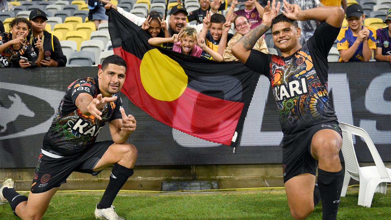 Cody Walker and Latrell Mitchell at the 2021 Indigenous All Stars v New Zealand Maori Kiwis game.