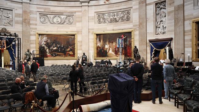 Preparation work inside the US Capitol Rotunda ahead of president-elect Donald Trump's inauguration ceremony. Picture: Getty Images