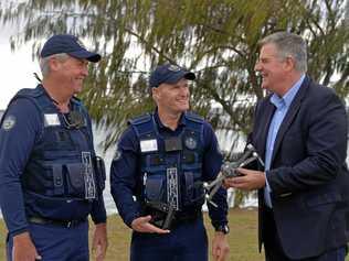 FLYING HIGH: QLD Boating and Fisheries district manager Central Queensland Greg Bowness, field officer Hayden Coburn and Fisheries Minister Mark Furner. Picture: Rhylea Millar