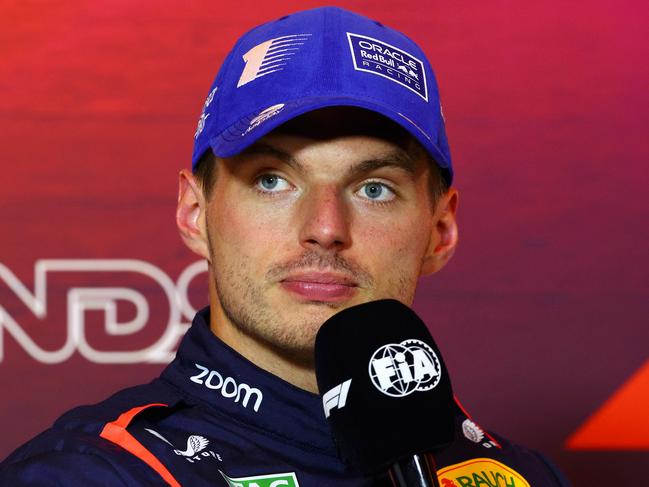 ZANDVOORT, NETHERLANDS - AUGUST 24: Second placed qualifier Max Verstappen of the Netherlands and Oracle Red Bull Racing attends the press conference after qualifying ahead of the F1 Grand Prix of Netherlands at Circuit Zandvoort on August 24, 2024 in Zandvoort, Netherlands. (Photo by Clive Rose/Getty Images)