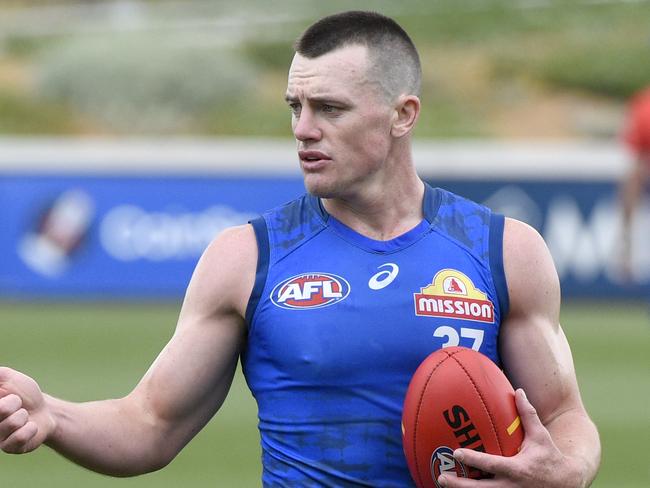 Dom Brew  at training with the Western bulldogs at Whitten Oval. Picture: Andrew Henshaw