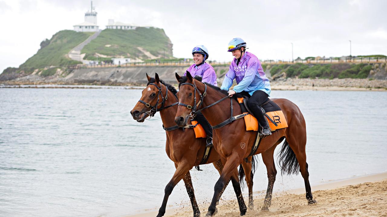 Emily Harrison on Fulfilled and Marine Distler on Barazin launch The Hunter race day at Horseshoe Beach in Newcastle. Picture: Adam Yip