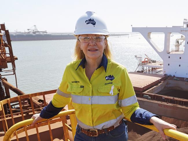 Fortescue Metals Group chief executive Elizabeth Gaines atop a shiploader at the iron ore miner’s Port Hedland facilities